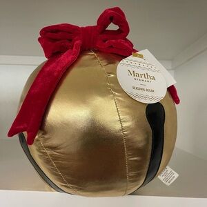 NWT Martha Stewart Gold Ornament Pillow with Velvet Red Bow Accent 10 X 10"